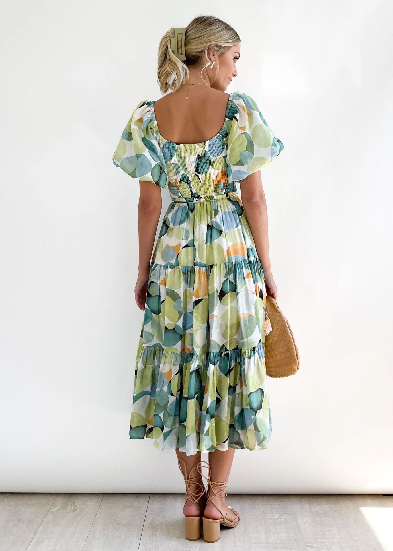 Women Bubble Sleeve Holiday Skinny Long Dress High Waist Shoulder Print Dress