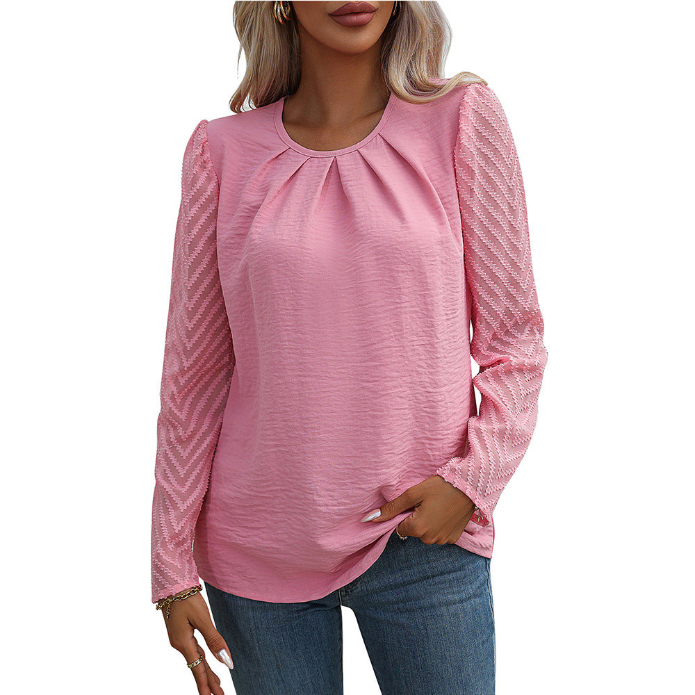 Women's Crew Neck Pleated Chiffon Long Sleeve Shirt