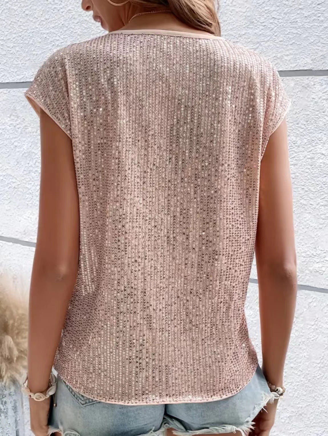 Casual Fashion Party Crew Neck Sleeveless Top Women's Sequins T-Shirt
