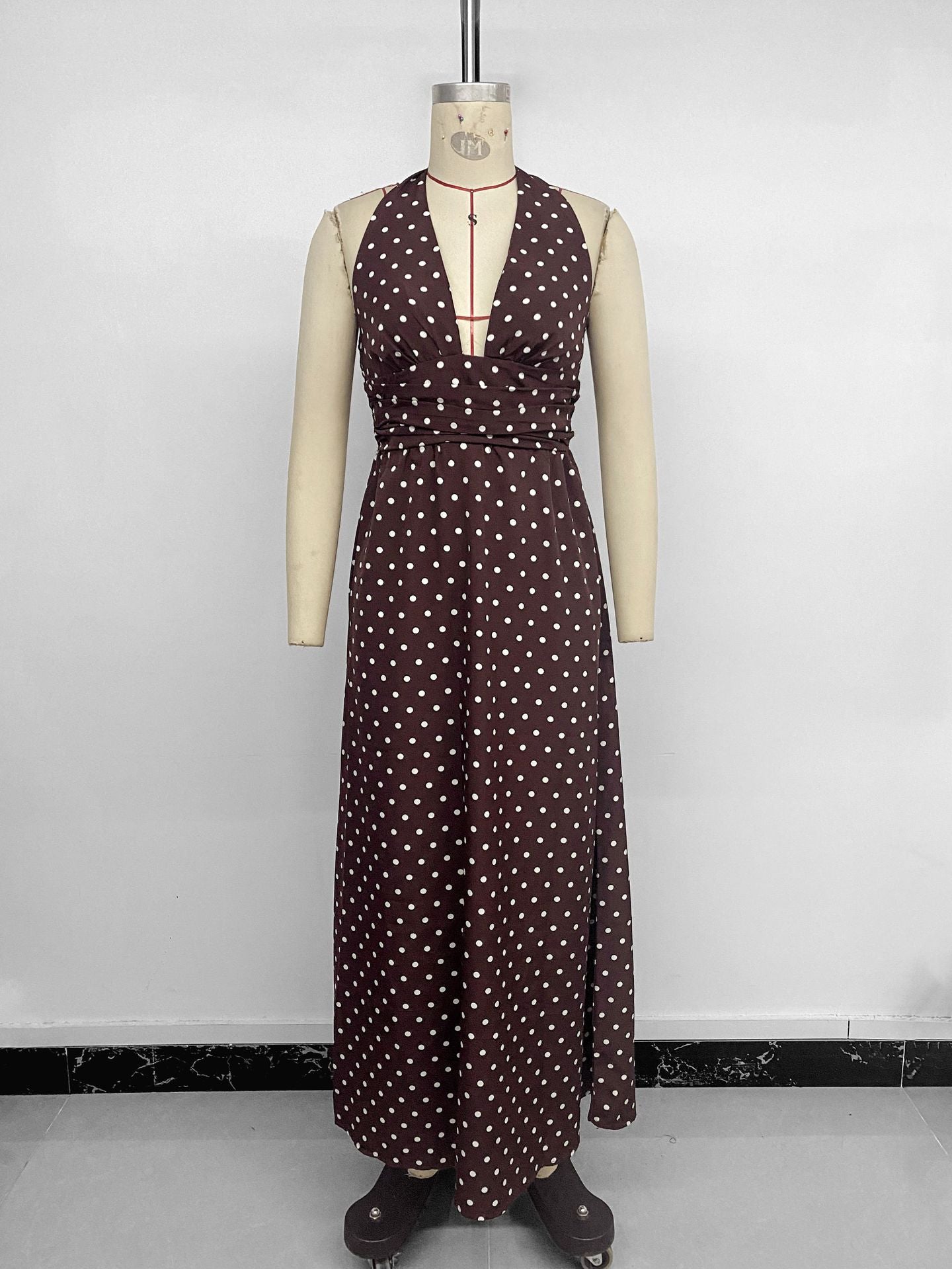 Vintage Neck Slim Fit Deep V-neck Suspender Polka Dot Dress