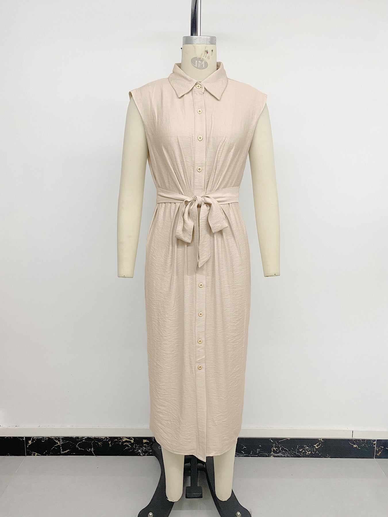 Elegant Shirt Dress Solid Color Cinched Waist Dress