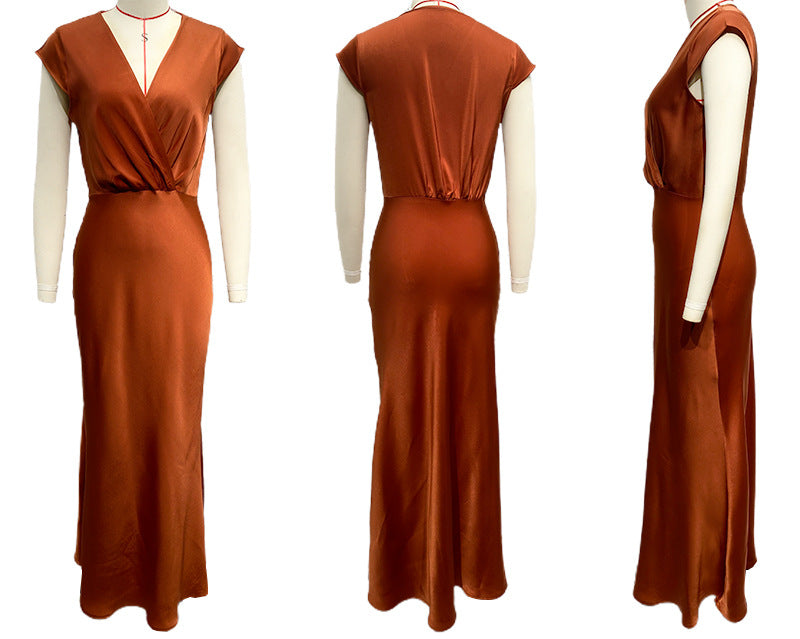 Women Satin Solid Color V-Neck Sexy Fishtail Dress Party Dress Long Dress