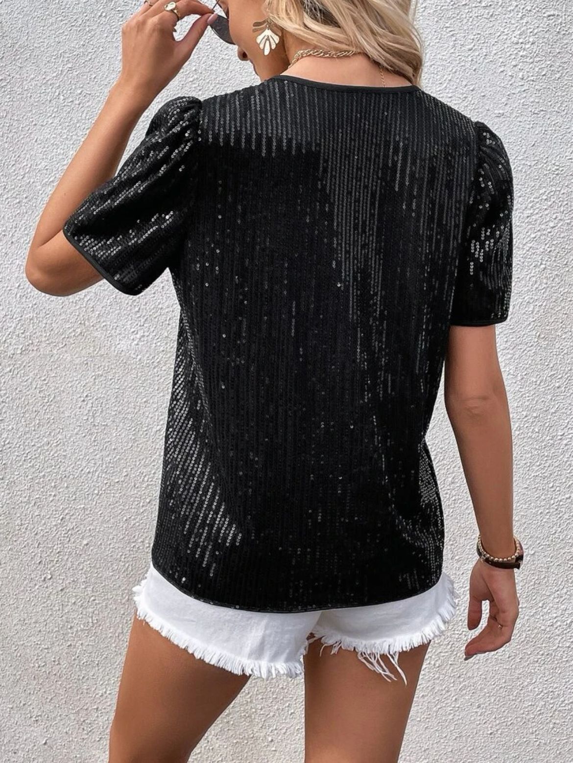 Sexy Solid Color Sequin V-neck Loose Short Sleeve Women's T-shirt