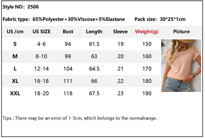Women's Solid Color Crew Neck Button Short Sleeve T-Shirt Top
