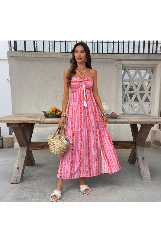 Boho Halter Neck Slit Geometric Print Dress