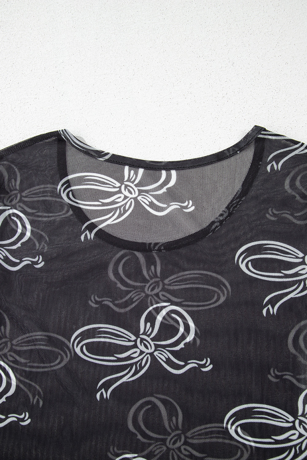 Black Round Neck Bow Print Long Sleeve Mesh Top