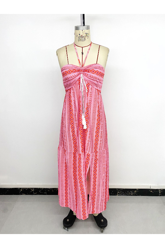 Boho Halter Neck Slit Geometric Print Dress