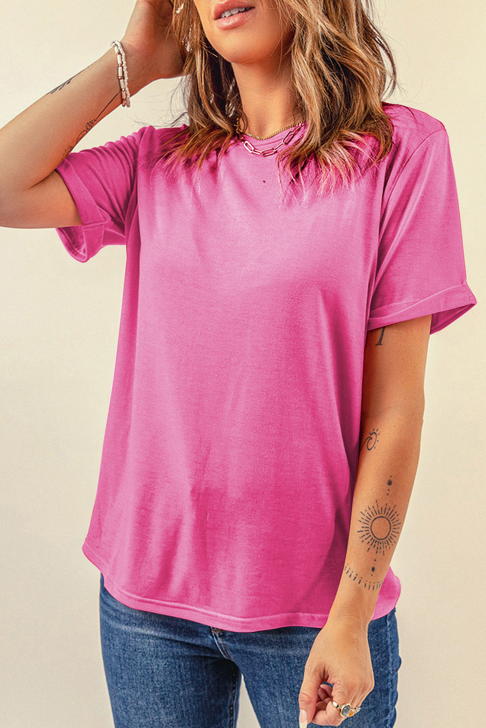 Bright Green Casual Plain Crew Neck Tee