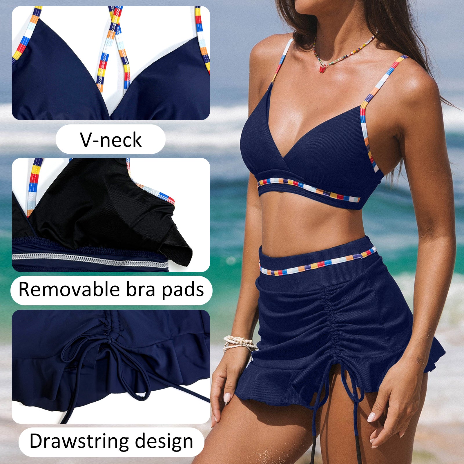 Solid Color Sexy Gathering Skirt Fashionable Women's Split Swimsuit