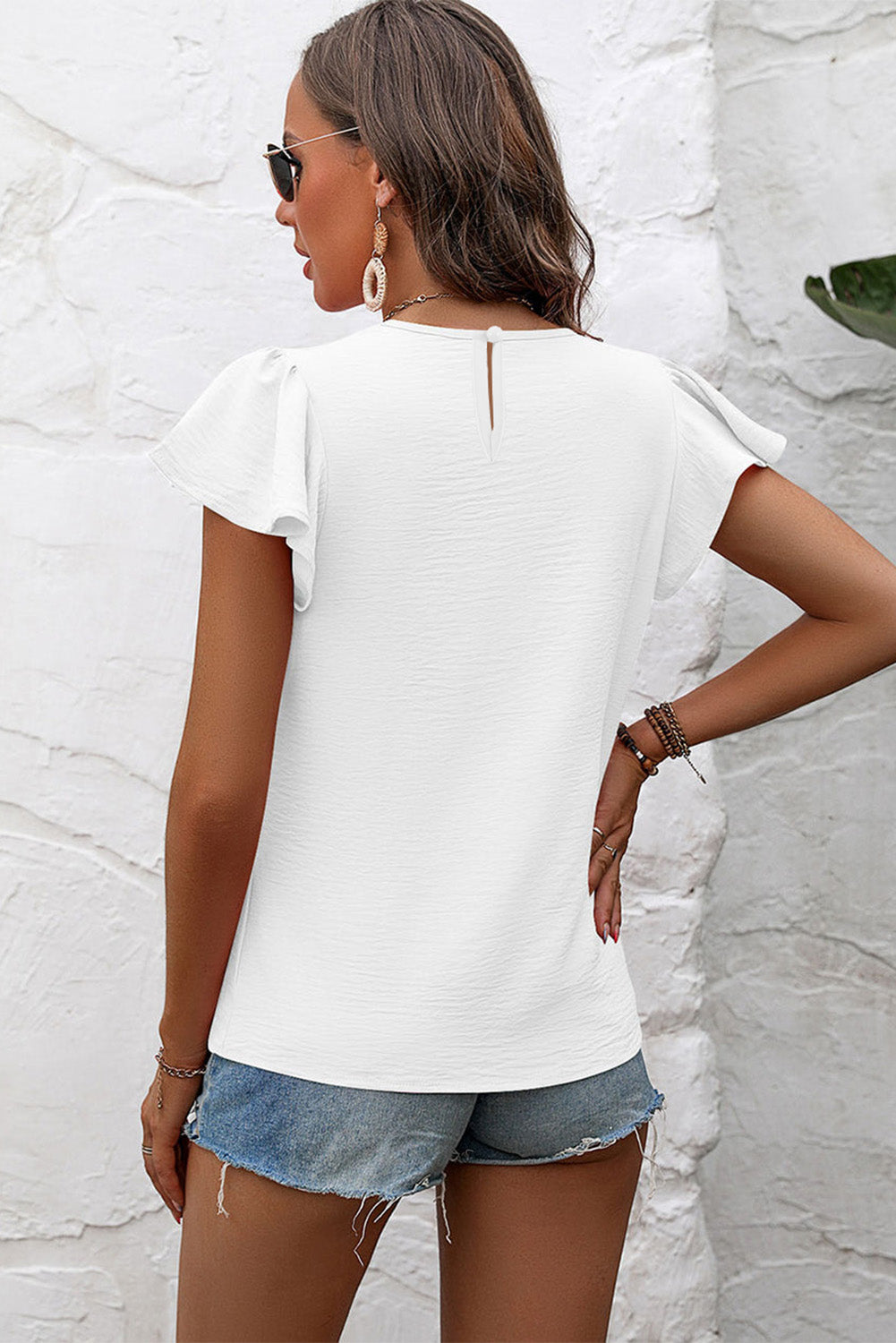 Black Flounce Sleeve Pleated Textured Blouse