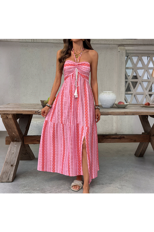 Boho Halter Neck Slit Geometric Print Dress