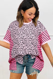 Pink Leopard Striped Patchwork Side Slit Loose Short Sleeve Top
