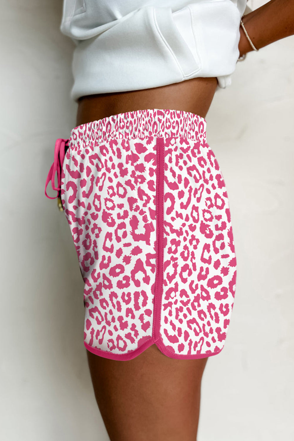 Blue Leopard Elastic Waistband Lace up Contrast Trim Casual Shorts