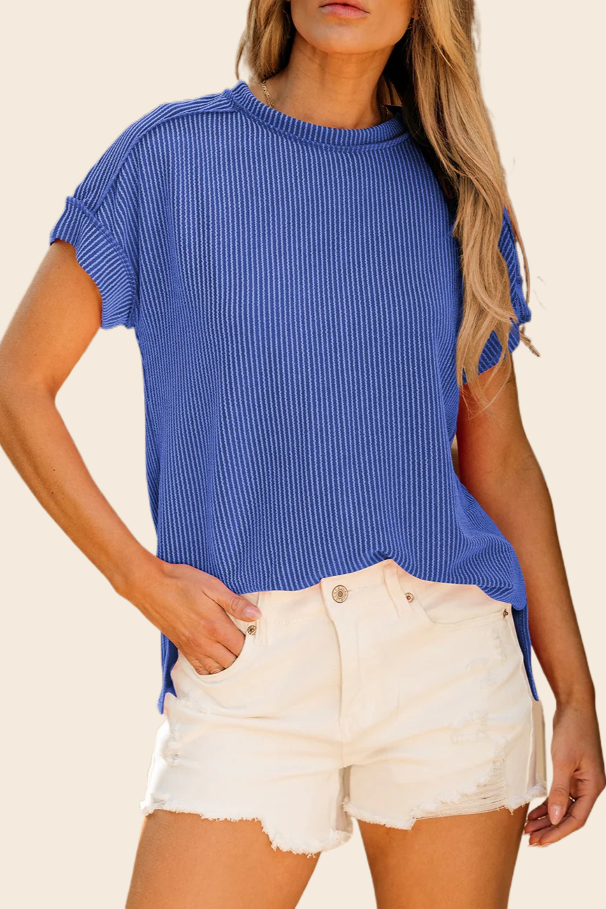 Dark Blue Textured Knit Exposed Stitching T-shirt