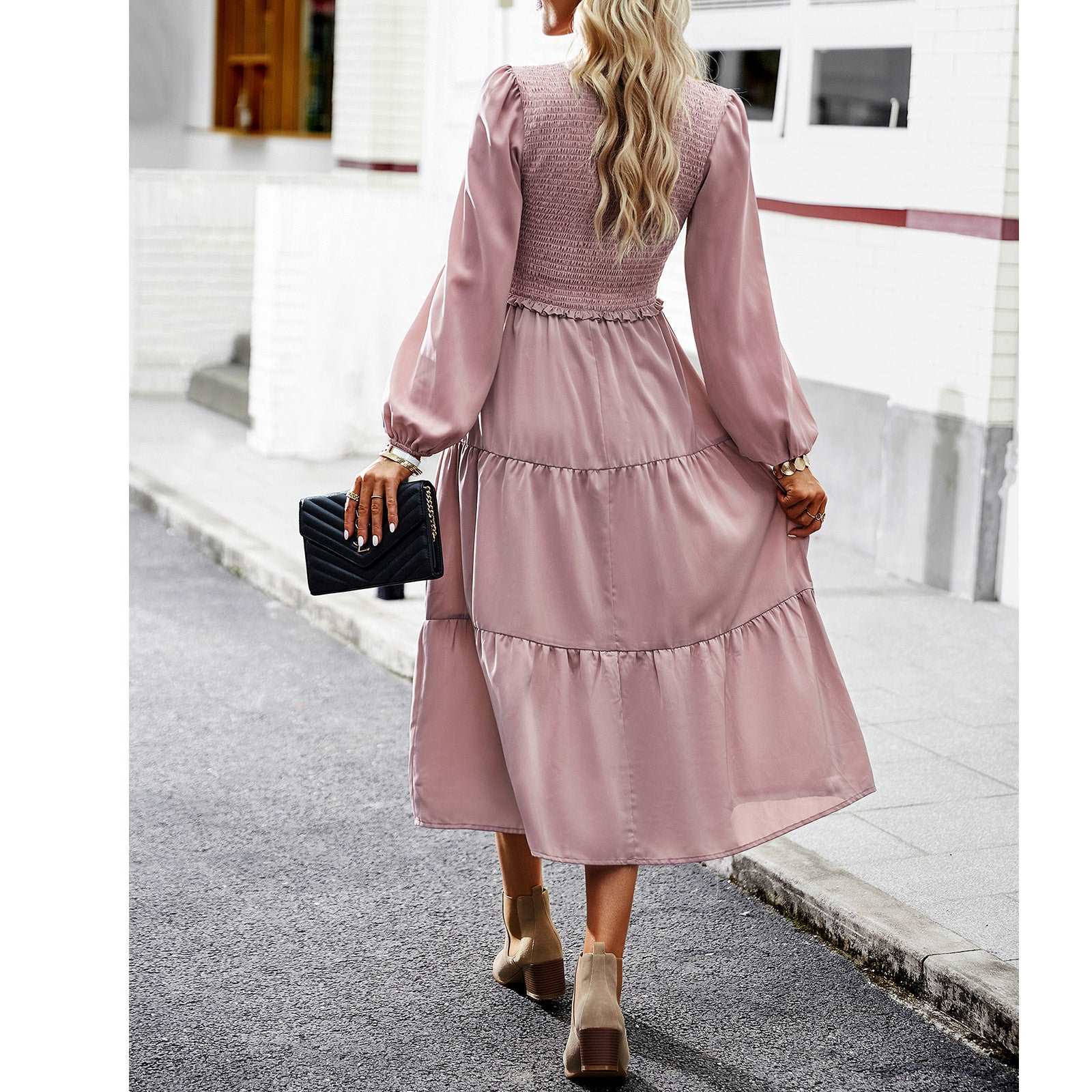 Women's Casual Midi Dress Boho Flutter Long Sleeve Crew Neck Smocked Elastic Waist Tiered A-Line Long Dress