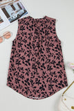 Brown Leaf Print Lace-up V Neck Crinckled Tank Top