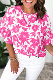 Green Floral Printed Ruffled Short Sleeve Round Neck Loose Blouse