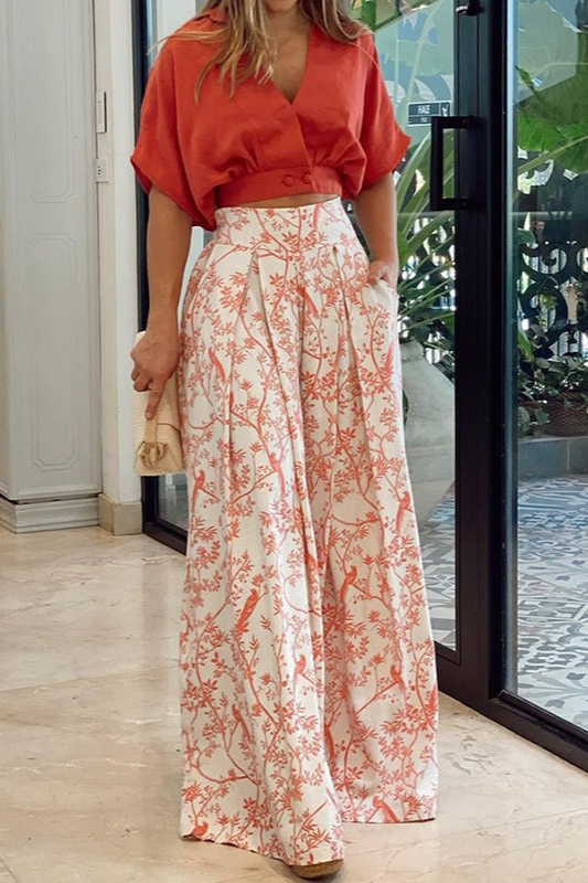 Women's Casual Style V-neck Printed Trousers Set