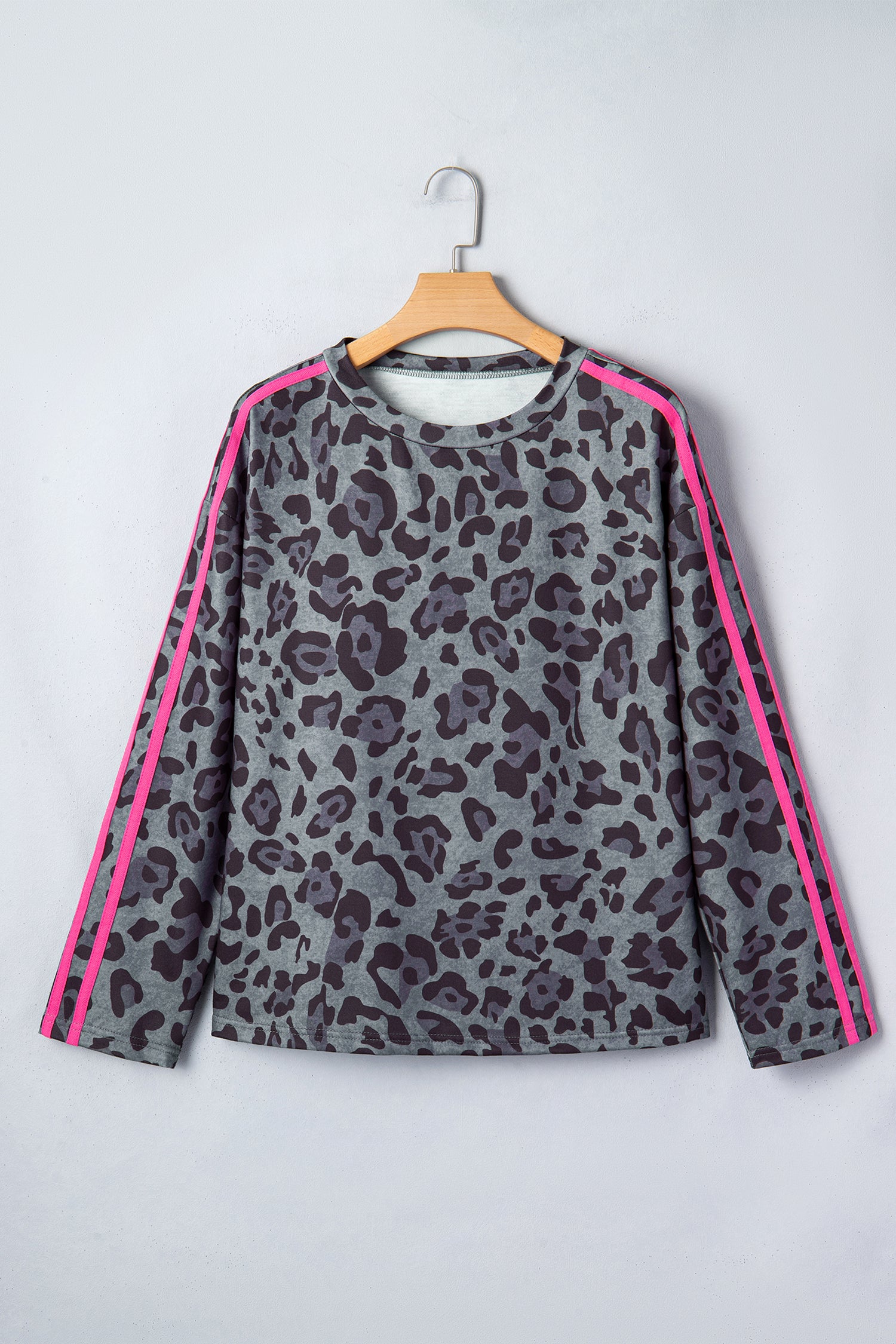 Green Leopard Print Varsity Striped Trim Long Sleeve Top