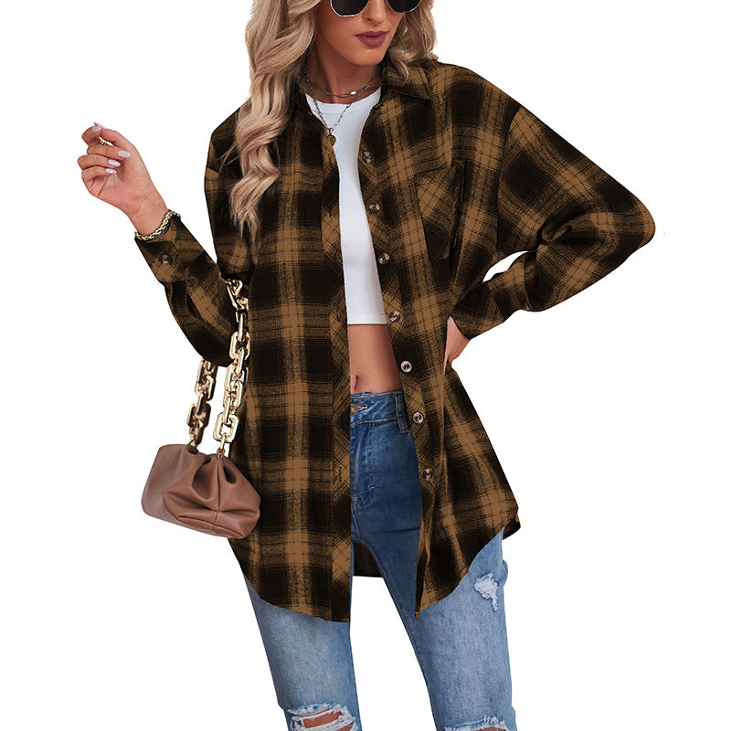 Women's New Cross border European and American Foreign Trade Casual Boyfriend Style Loose Plaid Shirt