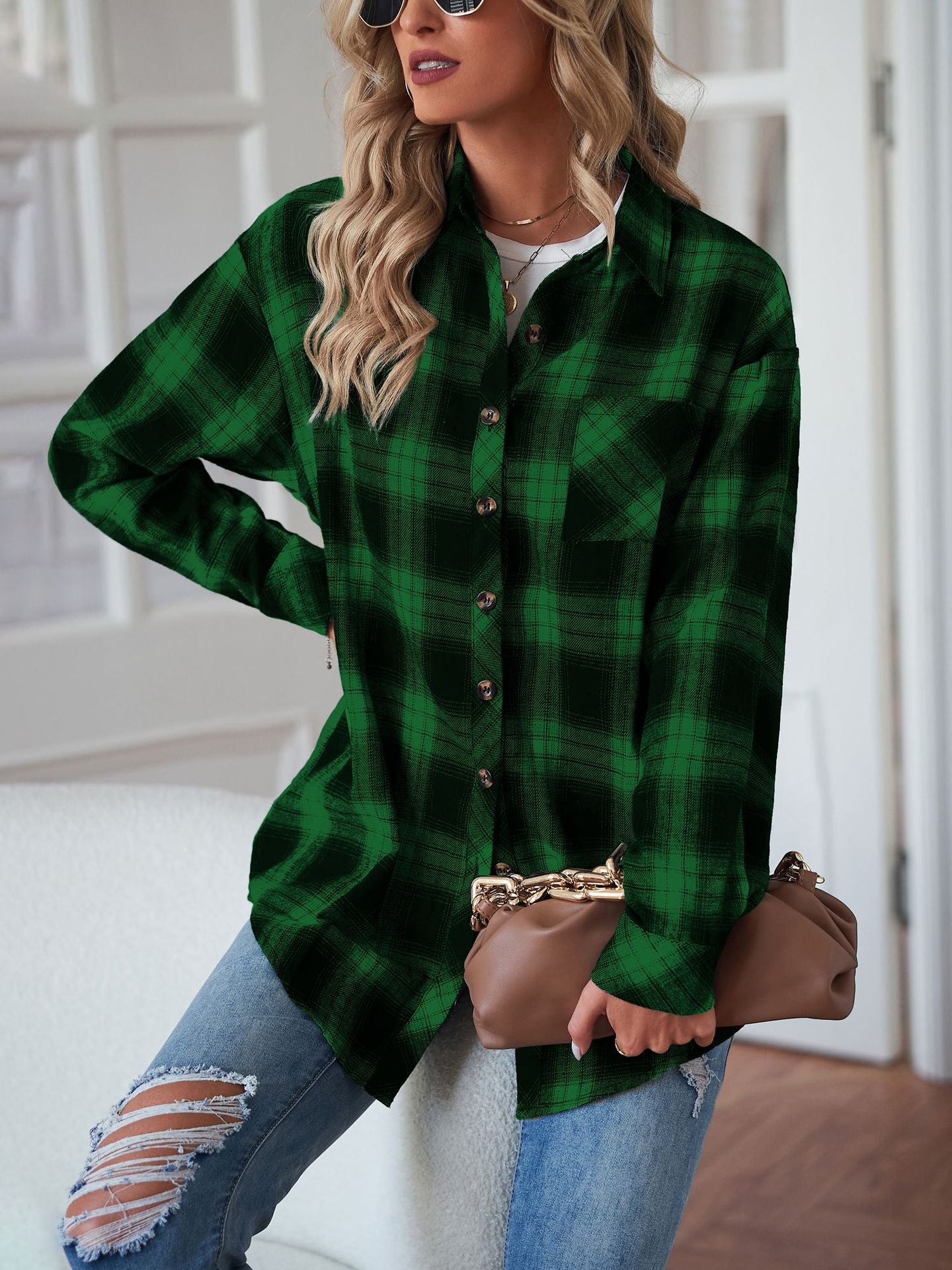 Women's New Cross border European and American Foreign Trade Casual Boyfriend Style Loose Plaid Shirt
